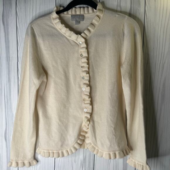 PURE Collection Womens 100% Cashmere Sweater Size US 8-10 Ivory Ruffle  Cardigan - Picture 3 of 9